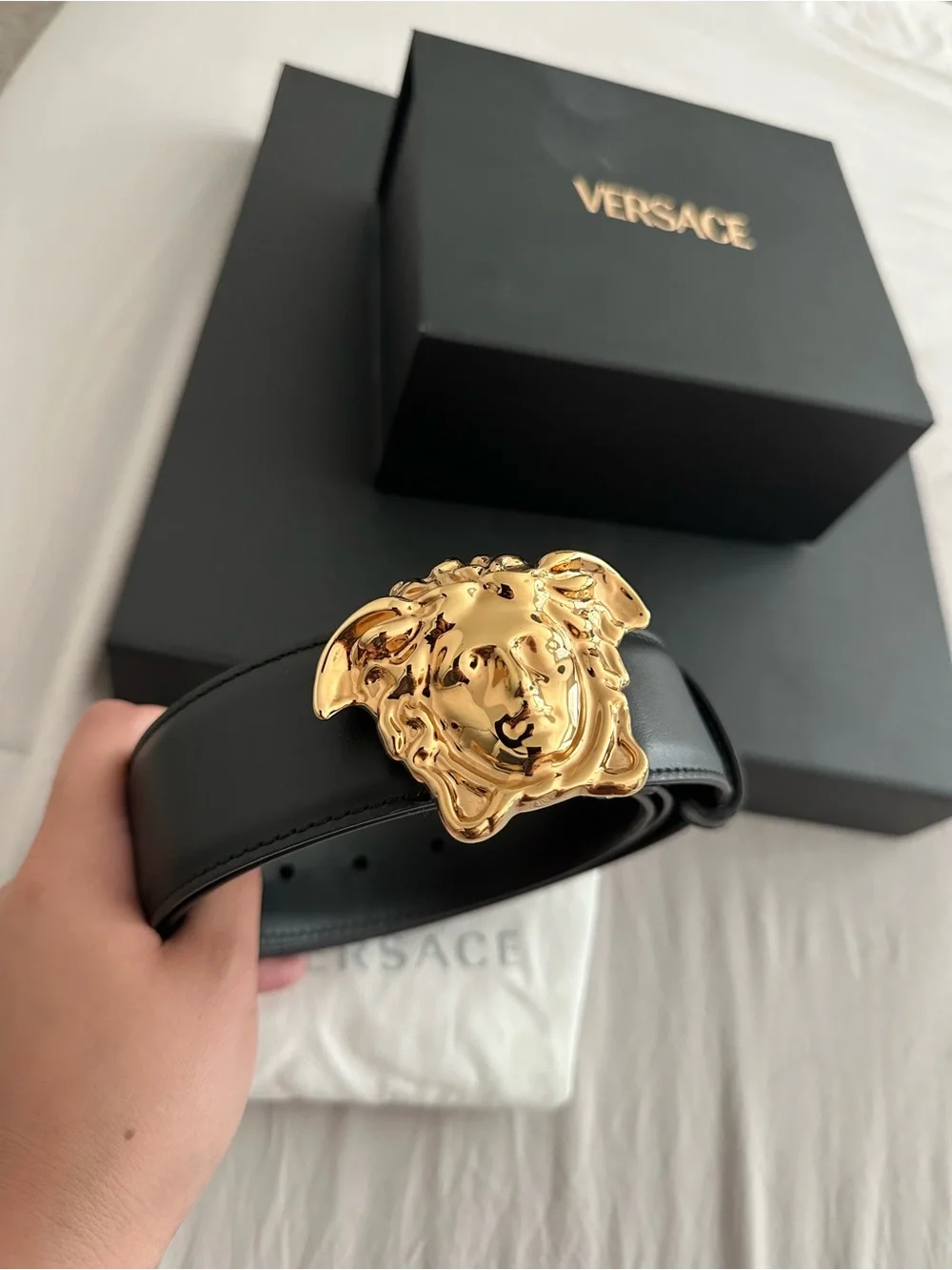 Versace Black Leather Belt with Gold Medusa Buckle